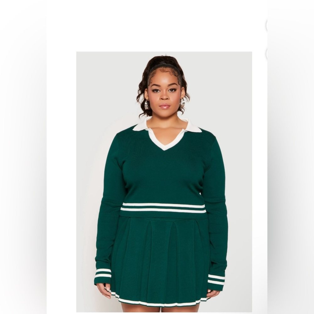 NEW Plus Size 3X Daisy Varsity Stripe Detail Cropped Sweater Green